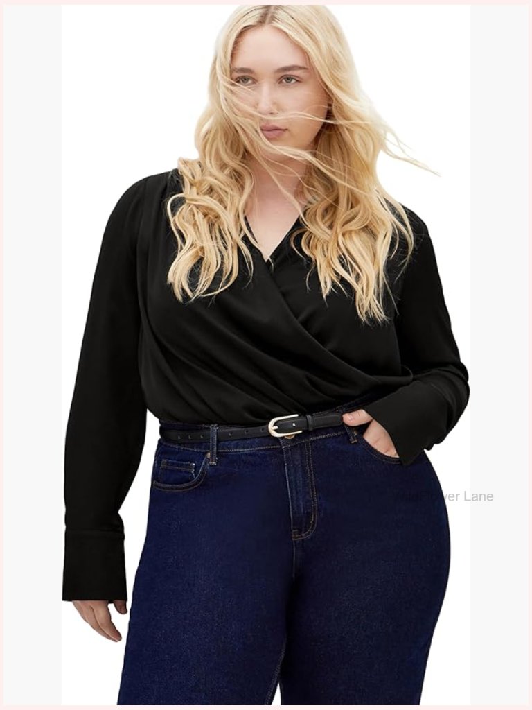 Plus Size Faux Wrap Blouse Long Sleeve Button Cuff Pullover